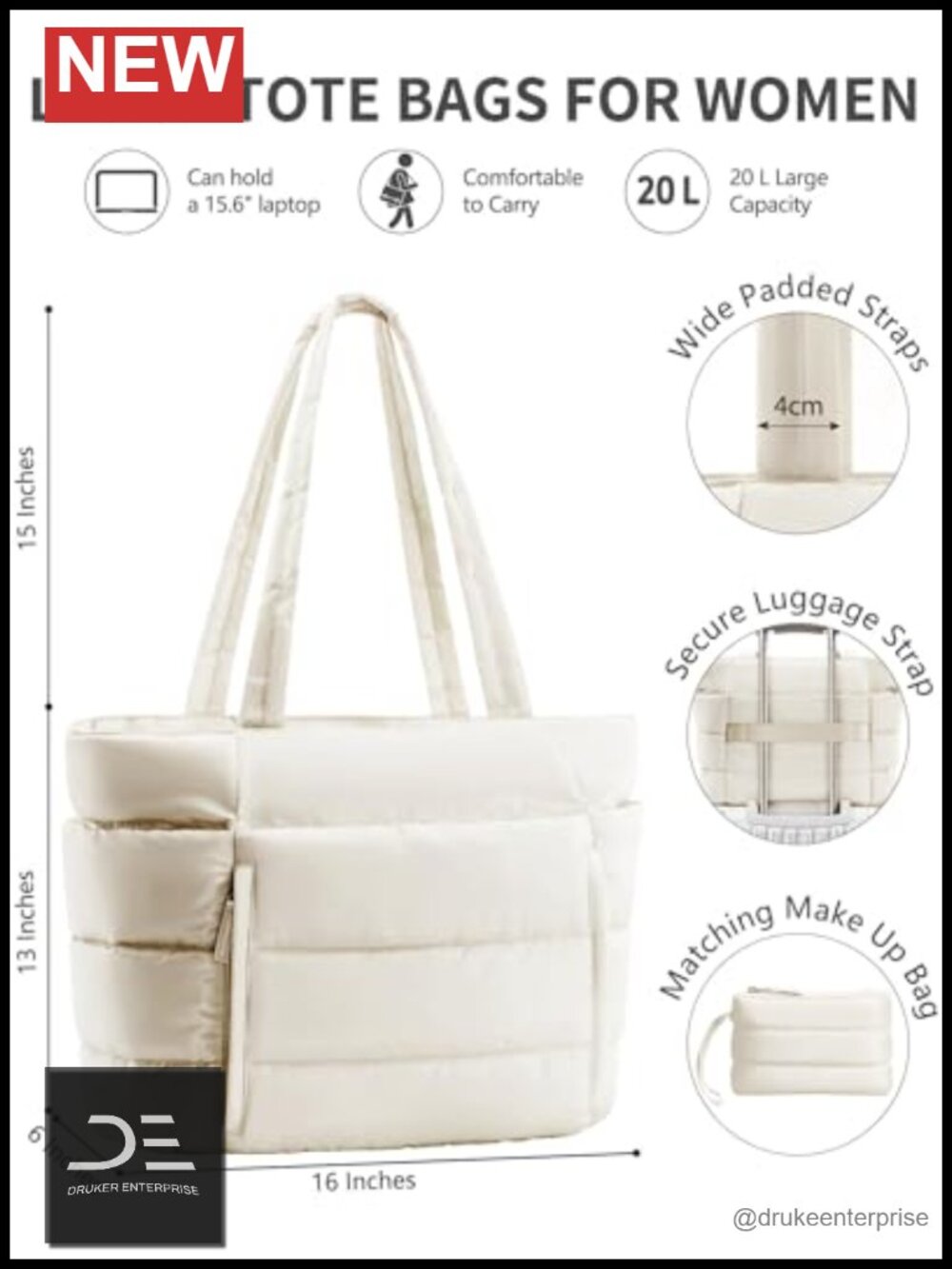 Lightweight Puffy Tote Bag with Laptop Sleeve Shoulder Bag
